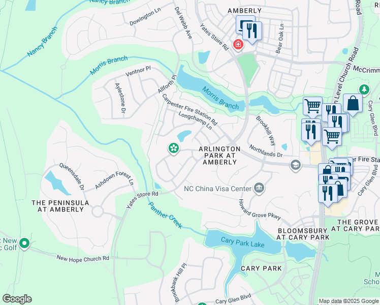 map of restaurants, bars, coffee shops, grocery stores, and more near 2003 Remington Oaks Circle in Cary