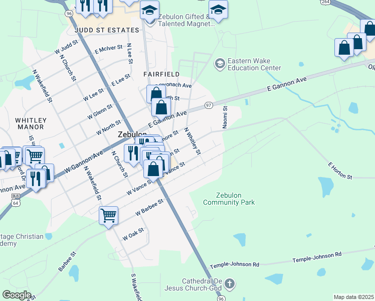 map of restaurants, bars, coffee shops, grocery stores, and more near 202 East Horton Street in Zebulon