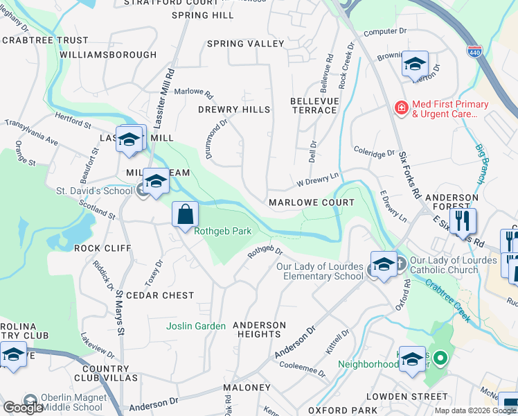 map of restaurants, bars, coffee shops, grocery stores, and more near 323 Marlowe Road in Raleigh