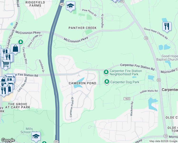 map of restaurants, bars, coffee shops, grocery stores, and more near 601 Mercer Grant Drive in Cary