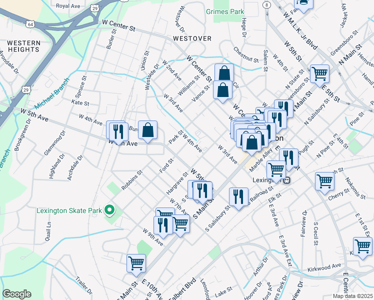 map of restaurants, bars, coffee shops, grocery stores, and more near 419 Ford Street in Lexington