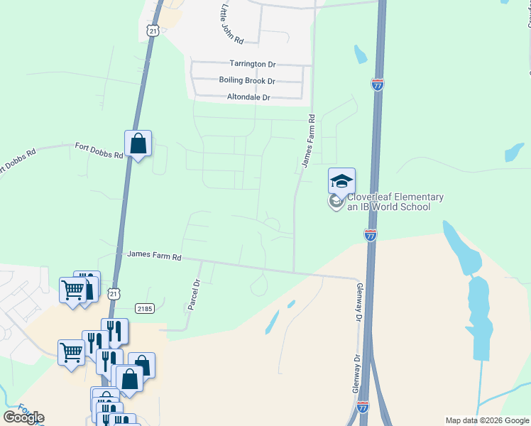 map of restaurants, bars, coffee shops, grocery stores, and more near 309 James Farm Road in Statesville