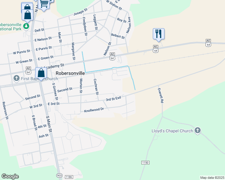 map of restaurants, bars, coffee shops, grocery stores, and more near 1121 3rd Street Ext in Robersonville