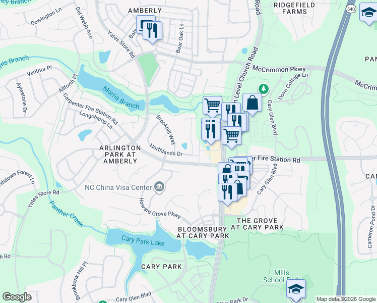 map of restaurants, bars, coffee shops, grocery stores, and more near 316 Northlands Drive in Cary