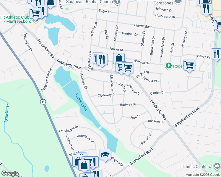 map of restaurants, bars, coffee shops, grocery stores, and more near 1310 Minerva Drive in Murfreesboro