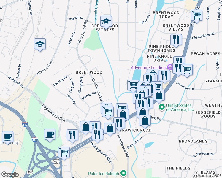 map of restaurants, bars, coffee shops, grocery stores, and more near 3102 Crandon Lane in Raleigh