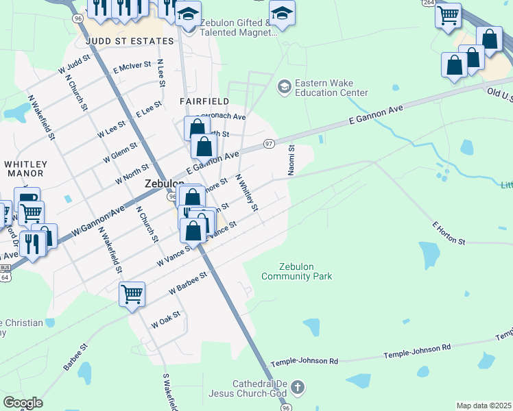 map of restaurants, bars, coffee shops, grocery stores, and more near 301 East Vance Street in Zebulon