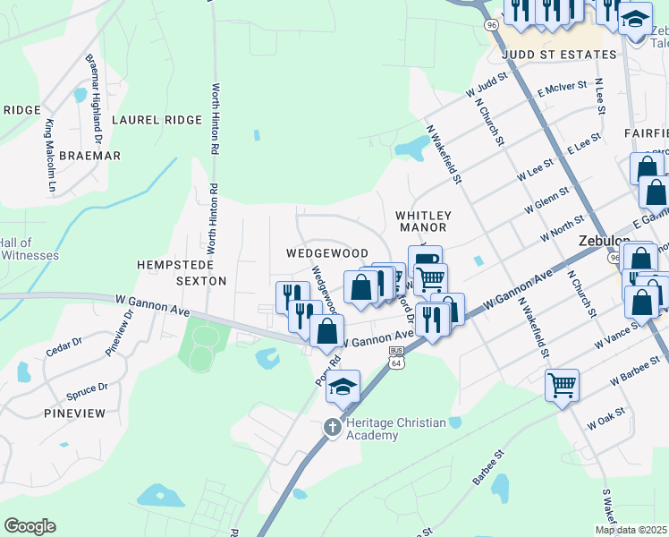 map of restaurants, bars, coffee shops, grocery stores, and more near 514 West Cambridge Drive in Zebulon