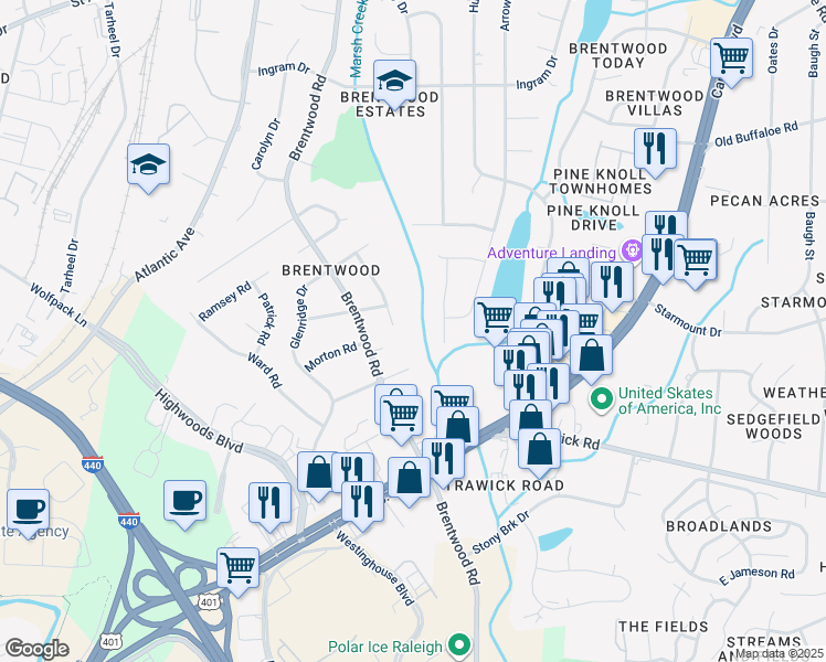 map of restaurants, bars, coffee shops, grocery stores, and more near 3102 Crandon Lane in Raleigh