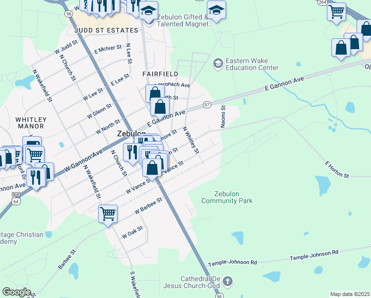 map of restaurants, bars, coffee shops, grocery stores, and more near 208 East Horton Street in Zebulon