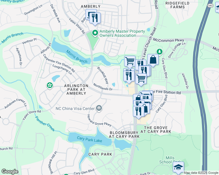 map of restaurants, bars, coffee shops, grocery stores, and more near 311 Northlands Drive in Cary