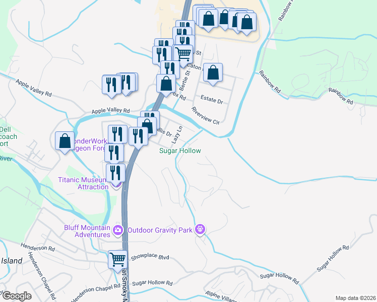 map of restaurants, bars, coffee shops, grocery stores, and more near 2007 Center Road in Pigeon Forge