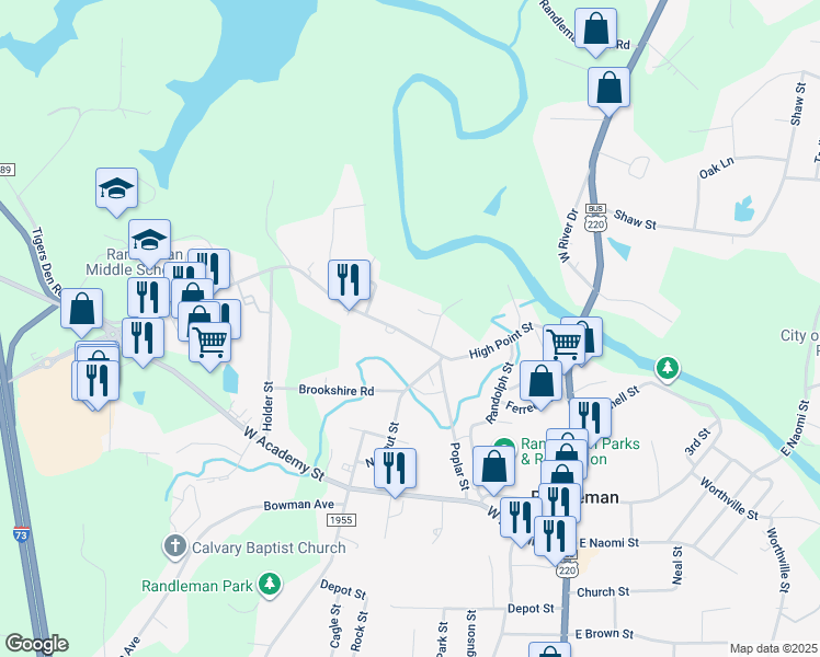 map of restaurants, bars, coffee shops, grocery stores, and more near 414 High Point Street in Randleman