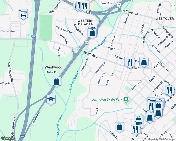 map of restaurants, bars, coffee shops, grocery stores, and more near 802 Nottingham Drive in Lexington