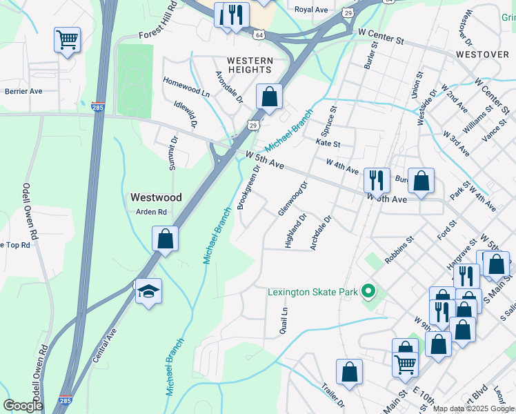 map of restaurants, bars, coffee shops, grocery stores, and more near 802 Nottingham Drive in Lexington