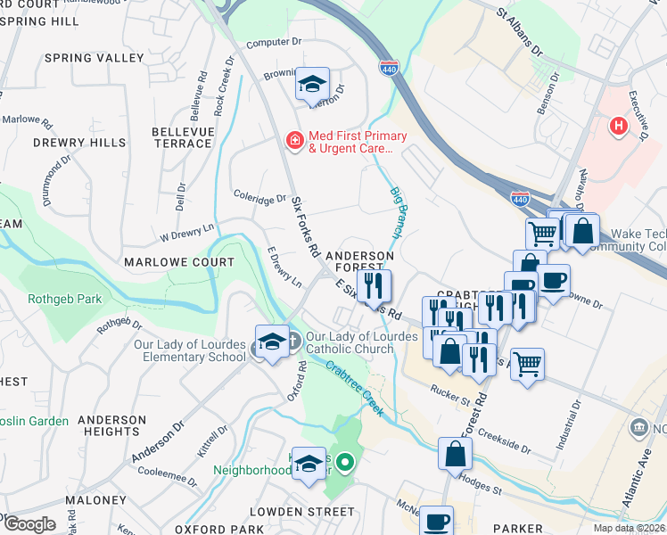 map of restaurants, bars, coffee shops, grocery stores, and more near 312 Shaftsberry Court in Raleigh