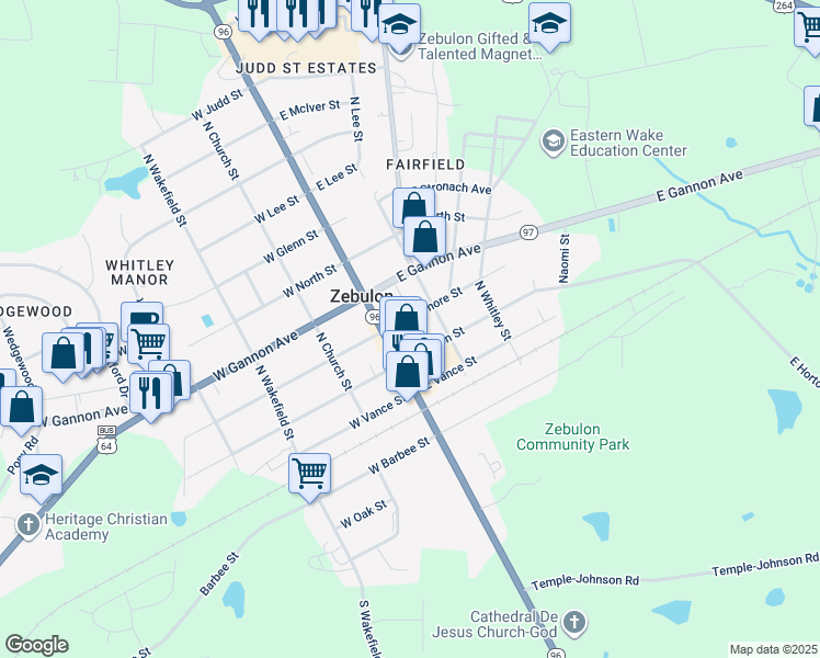map of restaurants, bars, coffee shops, grocery stores, and more near 104 East Sycamore Street in Zebulon