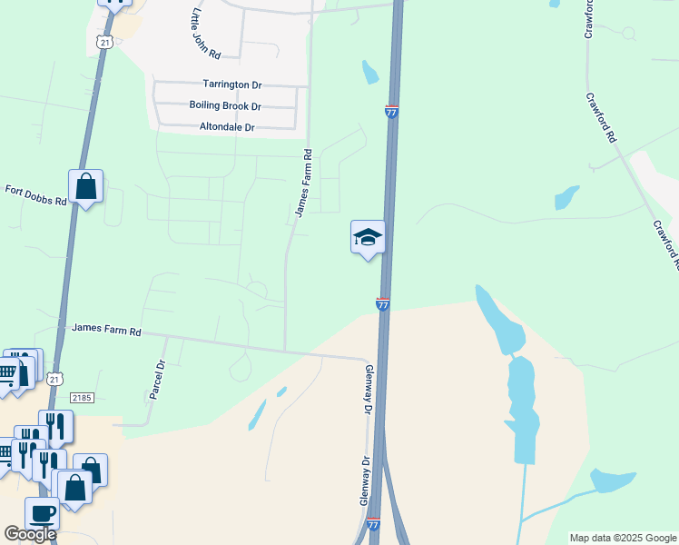 map of restaurants, bars, coffee shops, grocery stores, and more near 300 James Farm Road in Statesville