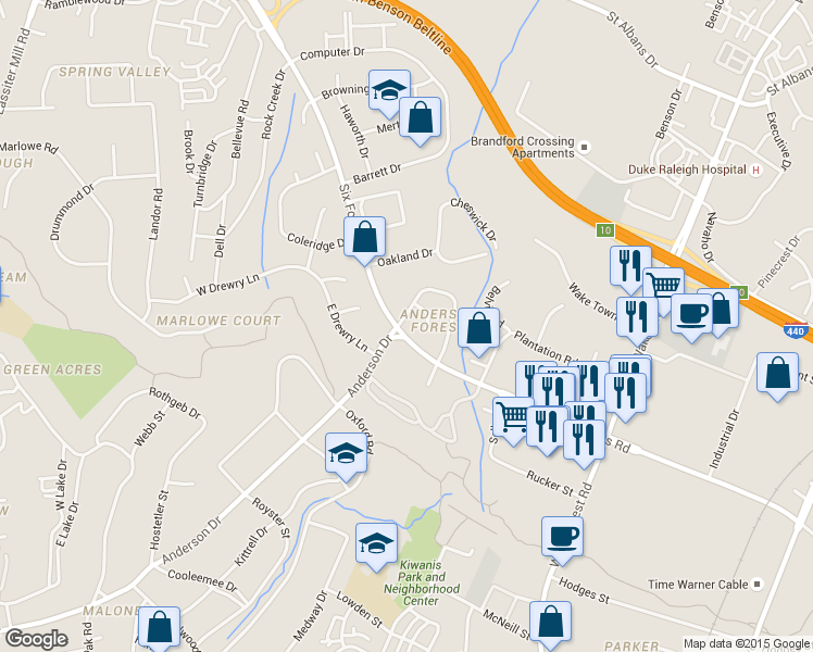 map of restaurants, bars, coffee shops, grocery stores, and more near 312 Shaftsberry Court in Raleigh
