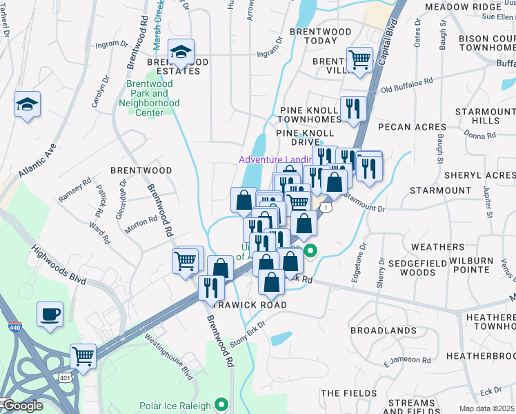 map of restaurants, bars, coffee shops, grocery stores, and more near 3013 Huntleigh Drive in Raleigh