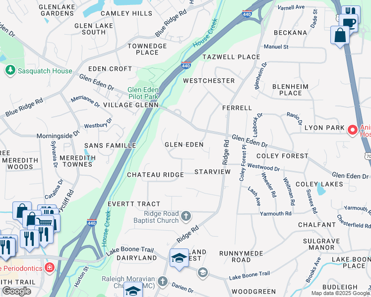 map of restaurants, bars, coffee shops, grocery stores, and more near 2204 Tyson Street in Raleigh