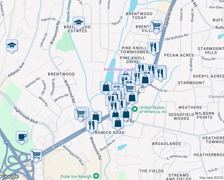 map of restaurants, bars, coffee shops, grocery stores, and more near 3029 Huntleigh Drive in Raleigh