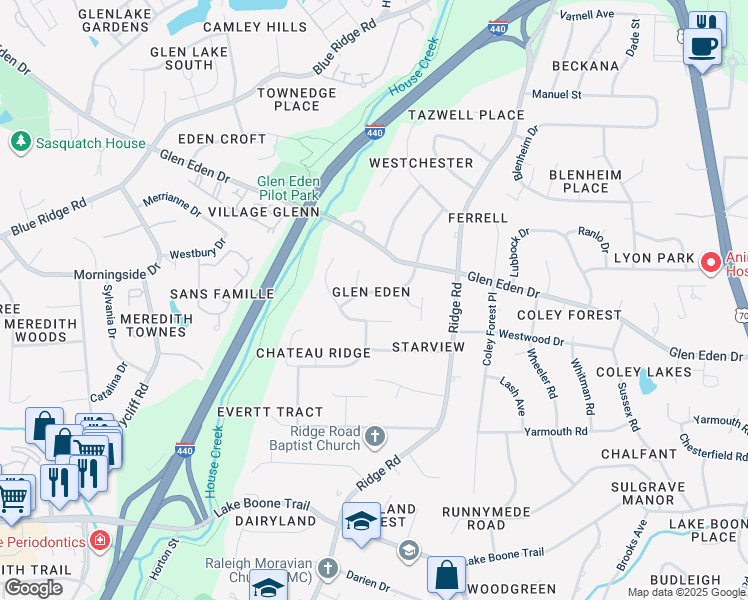 map of restaurants, bars, coffee shops, grocery stores, and more near 2204 Tyson Street in Raleigh