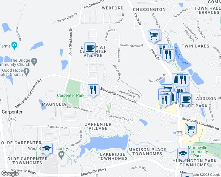 map of restaurants, bars, coffee shops, grocery stores, and more near 515 Bistre Drive in Cary