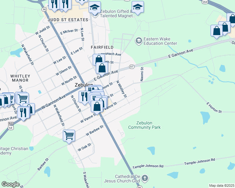 map of restaurants, bars, coffee shops, grocery stores, and more near 208 East Horton Street in Zebulon
