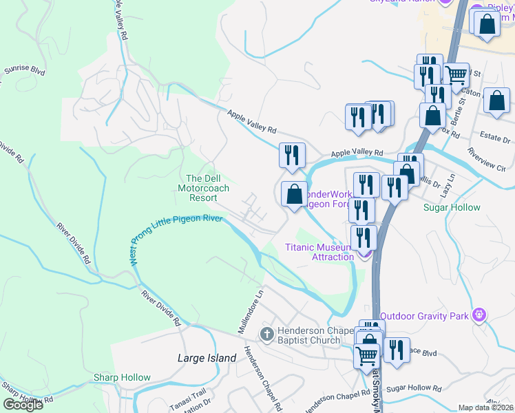 map of restaurants, bars, coffee shops, grocery stores, and more near 516 Orchard Valley Way in Sevierville
