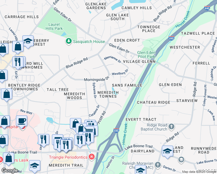 map of restaurants, bars, coffee shops, grocery stores, and more near 3014 Wycliff Road in Raleigh