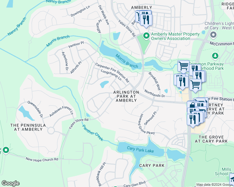 map of restaurants, bars, coffee shops, grocery stores, and more near 1057 Remington Oaks Circle in Cary