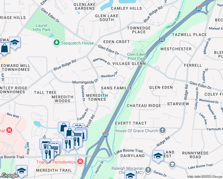 map of restaurants, bars, coffee shops, grocery stores, and more near 2912 Rue Sans Famille in Raleigh