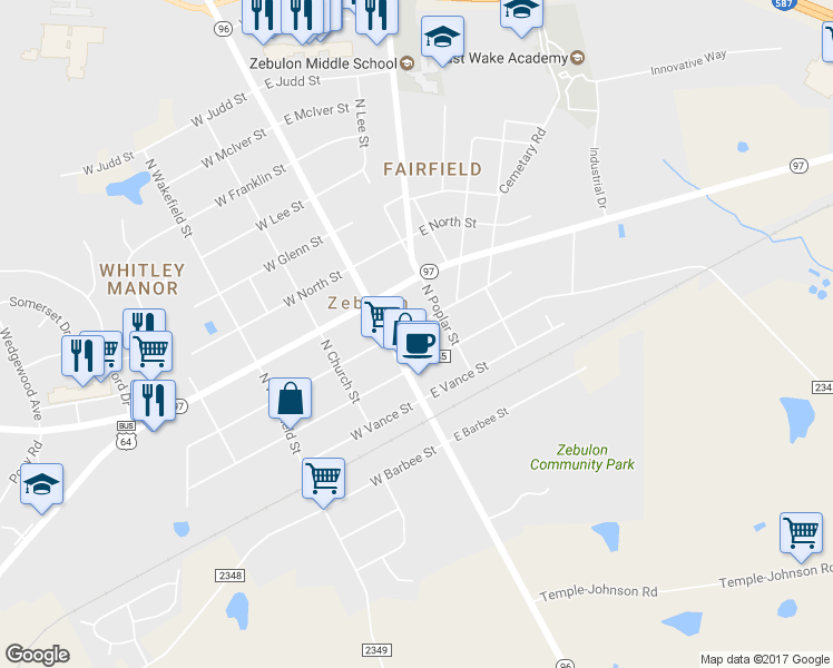 map of restaurants, bars, coffee shops, grocery stores, and more near 104 East Sycamore Street in Zebulon