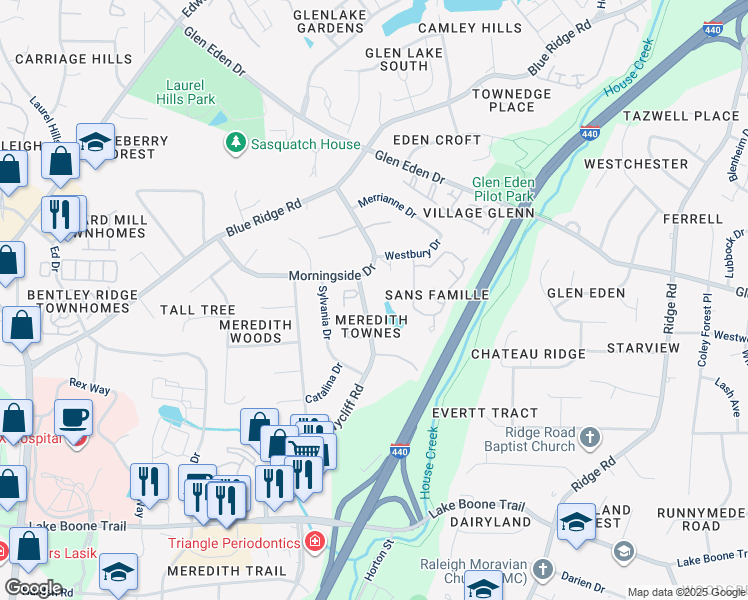 map of restaurants, bars, coffee shops, grocery stores, and more near 3014 Wycliff Road in Raleigh