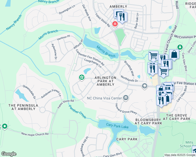 map of restaurants, bars, coffee shops, grocery stores, and more near 606 Shale Gray Court in Cary