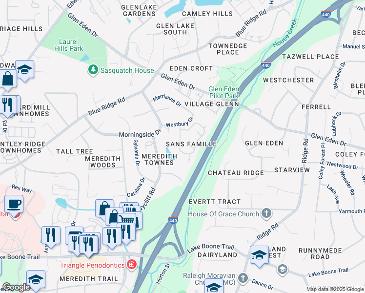 map of restaurants, bars, coffee shops, grocery stores, and more near 2912 Rue Sans Famille in Raleigh