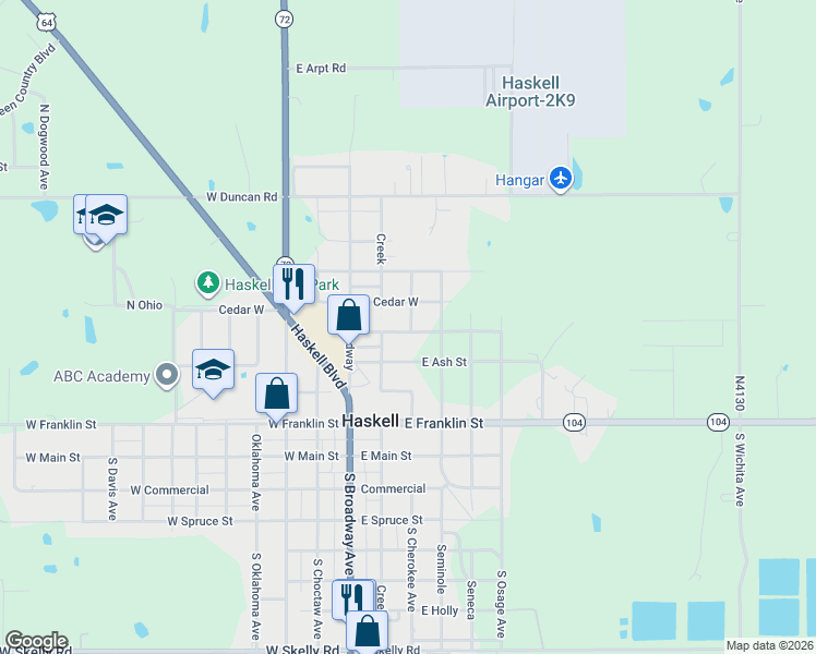 map of restaurants, bars, coffee shops, grocery stores, and more near 500 East Elm Street in Haskell