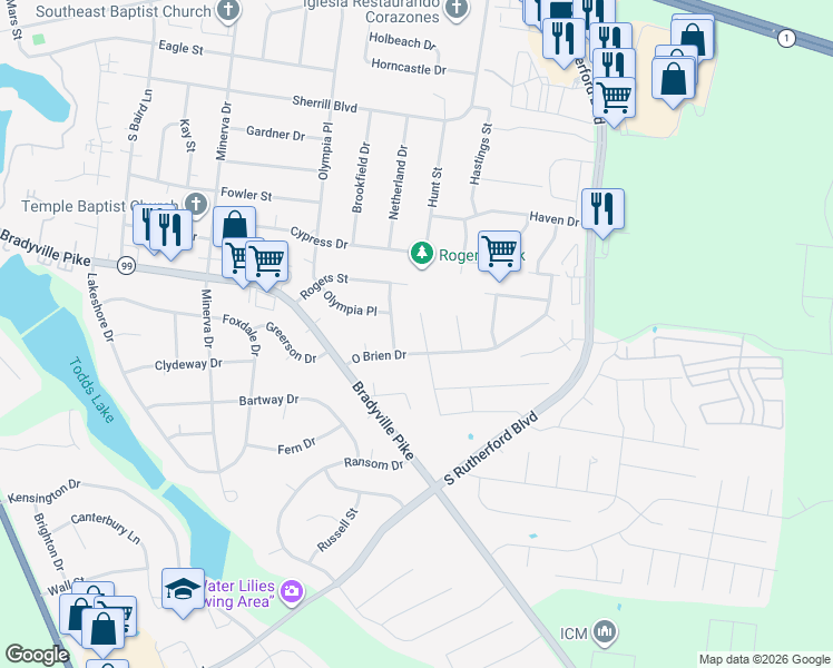 map of restaurants, bars, coffee shops, grocery stores, and more near 2203 O Brien Drive in Murfreesboro