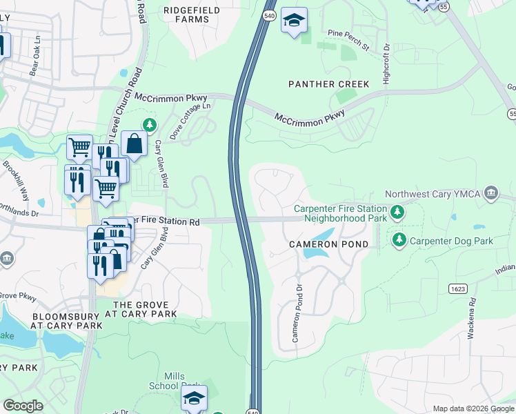 map of restaurants, bars, coffee shops, grocery stores, and more near 116 Bancroft Brook Drive in Cary