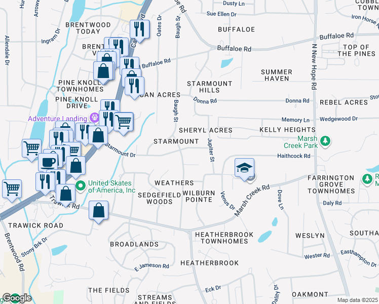 map of restaurants, bars, coffee shops, grocery stores, and more near 3408 Starmount Drive in Raleigh