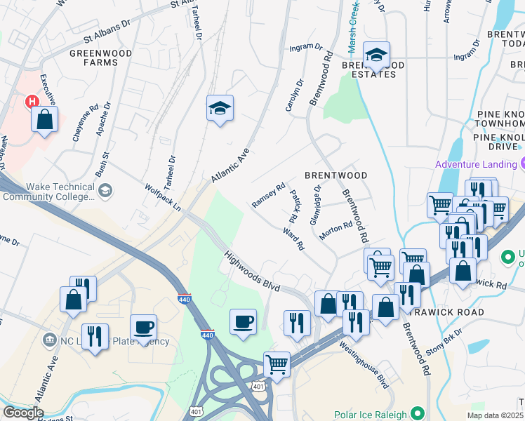 map of restaurants, bars, coffee shops, grocery stores, and more near 3233 Ward Road in Raleigh
