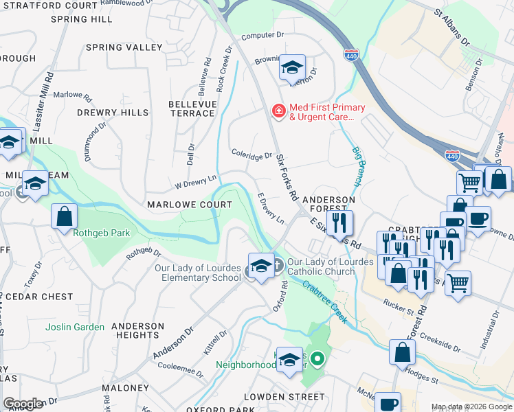 map of restaurants, bars, coffee shops, grocery stores, and more near 204 East Drewry Lane in Raleigh