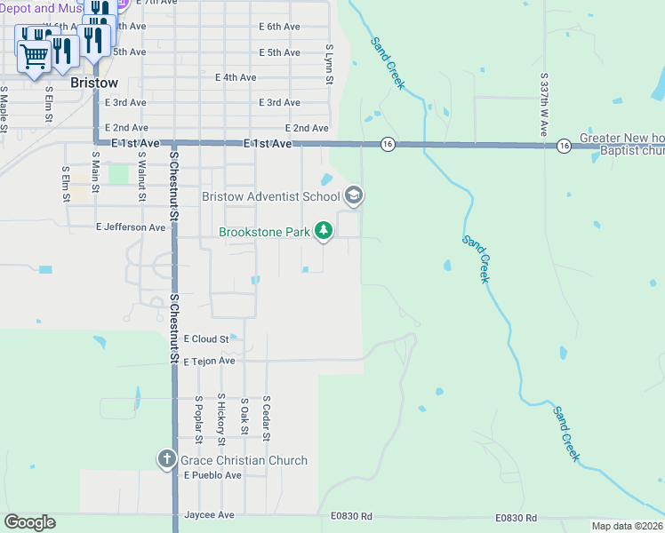 map of restaurants, bars, coffee shops, grocery stores, and more near 713 South Lynn Street in Bristow