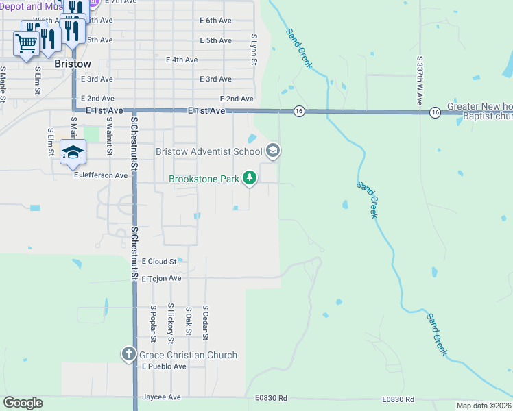 map of restaurants, bars, coffee shops, grocery stores, and more near 713 South Lynn Street in Bristow