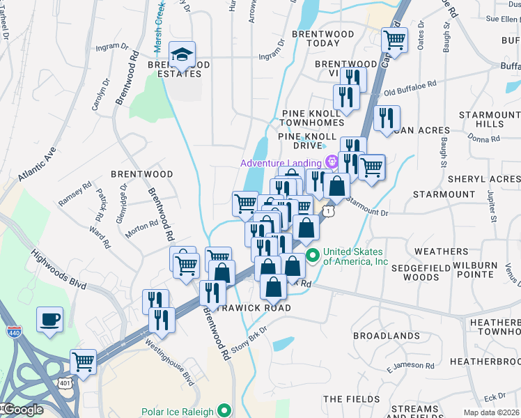 map of restaurants, bars, coffee shops, grocery stores, and more near 3023 Huntleigh Drive in Raleigh