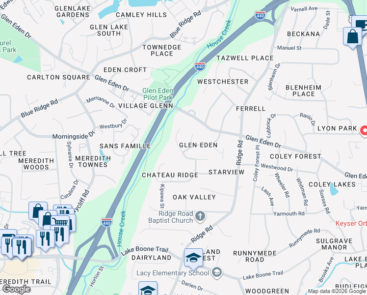 map of restaurants, bars, coffee shops, grocery stores, and more near 1313 Granada Drive in Raleigh