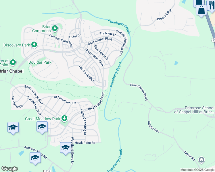 map of restaurants, bars, coffee shops, grocery stores, and more near 71 Turtle Point Bend in Chapel Hill