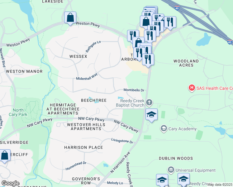 map of restaurants, bars, coffee shops, grocery stores, and more near 127 Montibello Drive in Cary