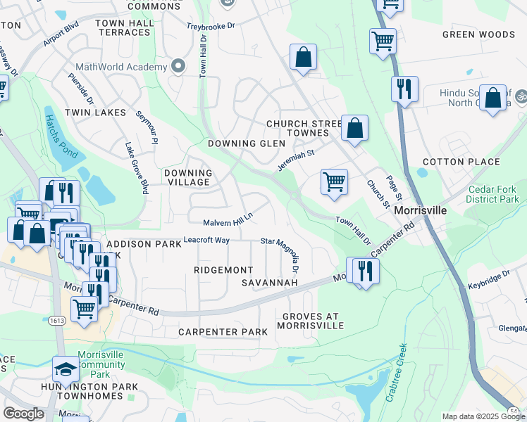 map of restaurants, bars, coffee shops, grocery stores, and more near 117 Malvern Hill Lane in Morrisville